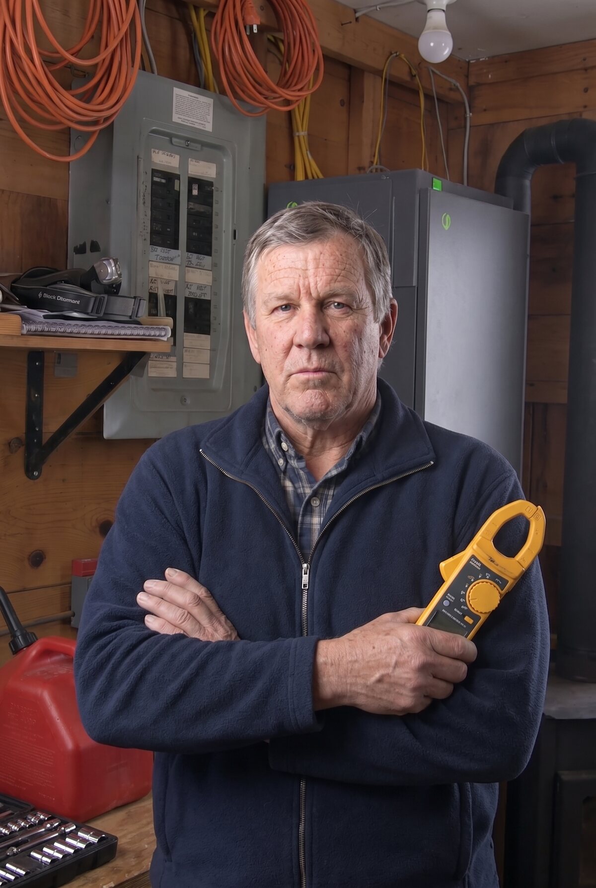 Cal Watts in his power room, clamp meter in hand